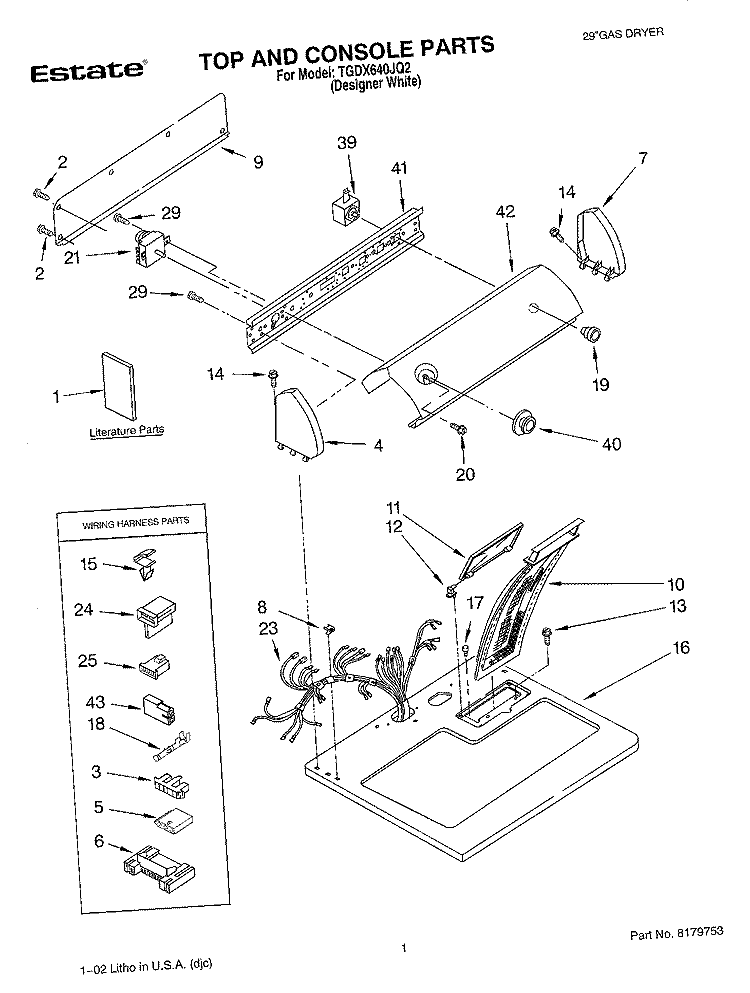 TOP AND CONSOLE, LIT/OPTIONAL Diagram and Parts List for TGDX640JQ2  Estate Dryer
