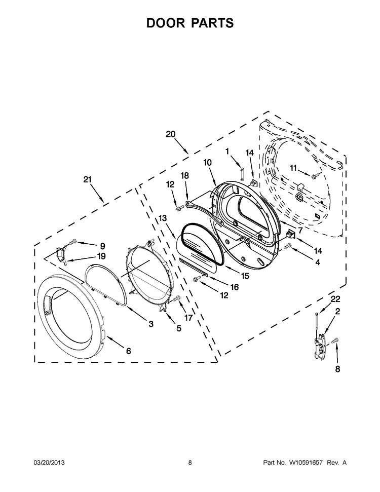 DOOR PARTS Diagram and Parts List for WED9051YW1  Whirlpool Dryer