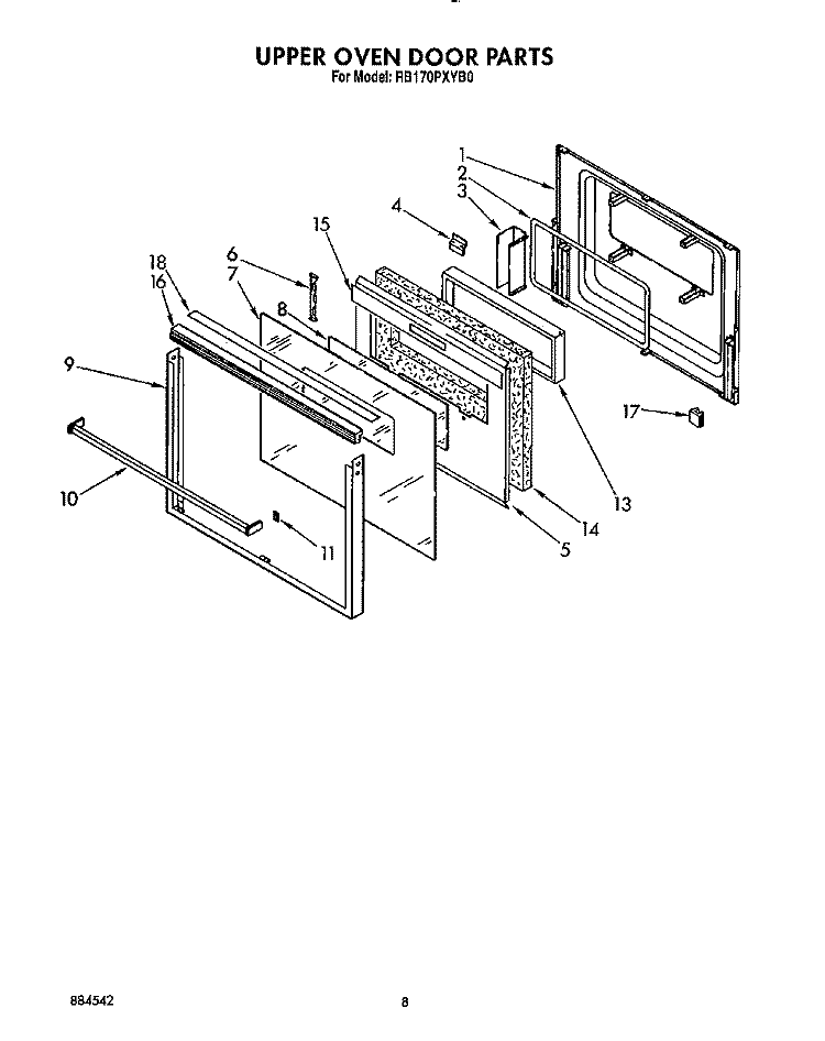 UPPER OVEN DOOR Diagram and Parts List for RB170PXYQ0  Whirlpool Wall Oven