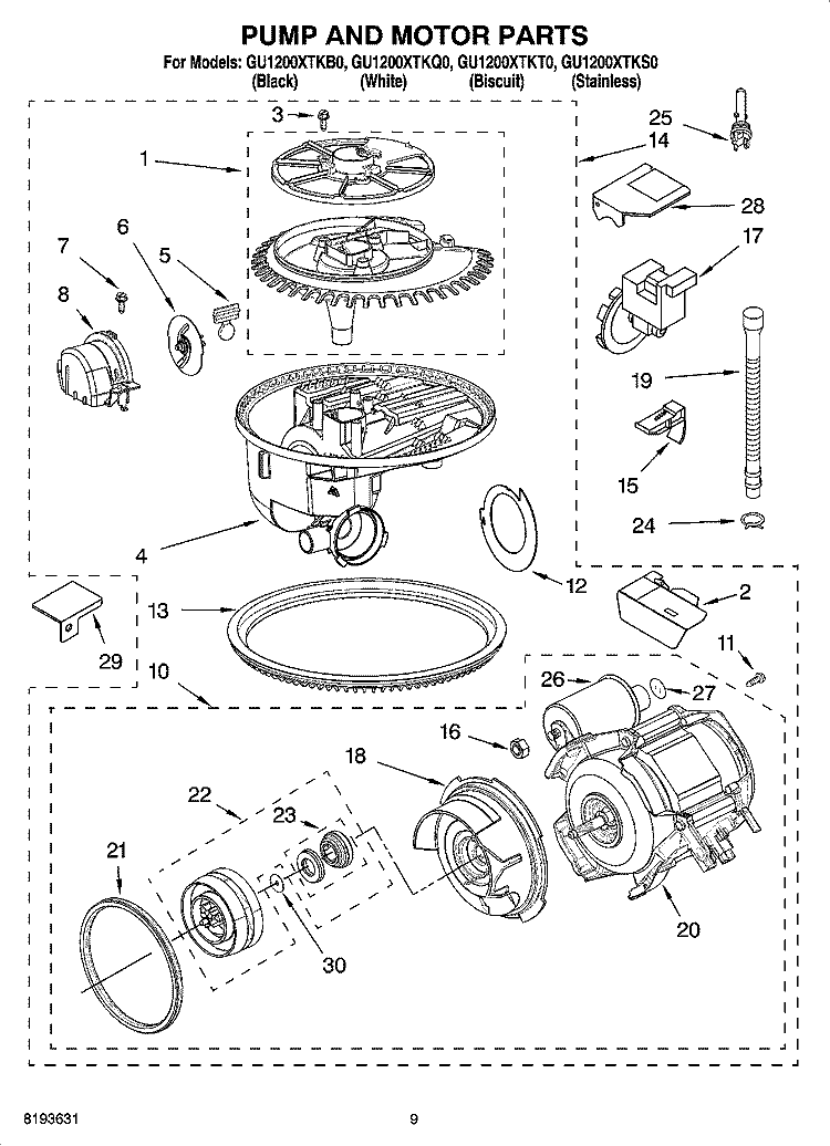PUMP AND MOTOR PARTS Diagram and Parts List for GU1200XTKT0  Whirlpool Dishwasher