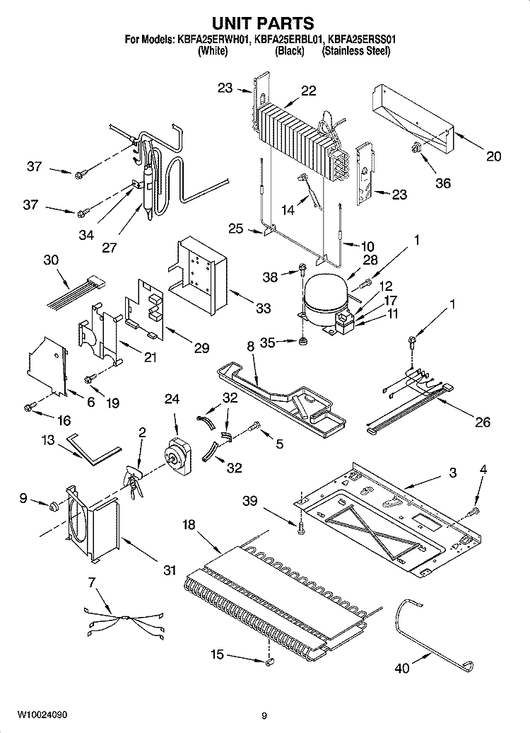 UNIT PARTS Diagram and Parts List for KBFA25ERSS01  KitchenAid Refrigerator