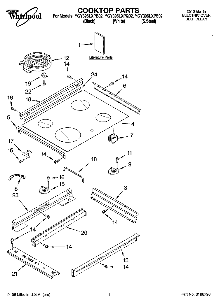COOKTOP PARTS Diagram and Parts List for YGY396LXPB02  Whirlpool Range