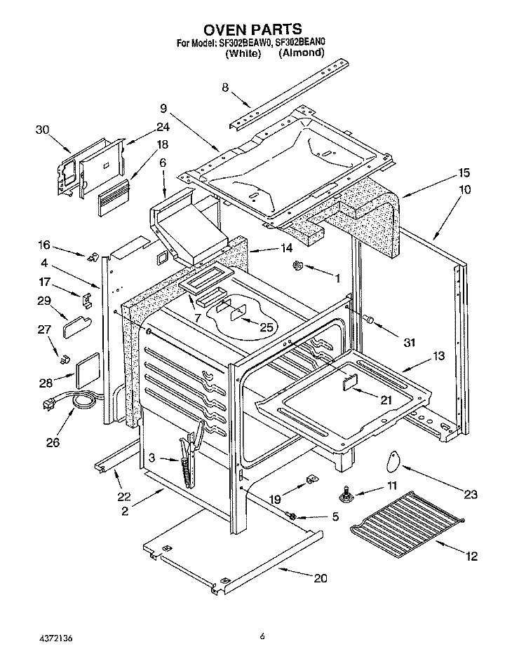 OVEN Diagram and Parts List for SF302BEAN0  Whirlpool Range