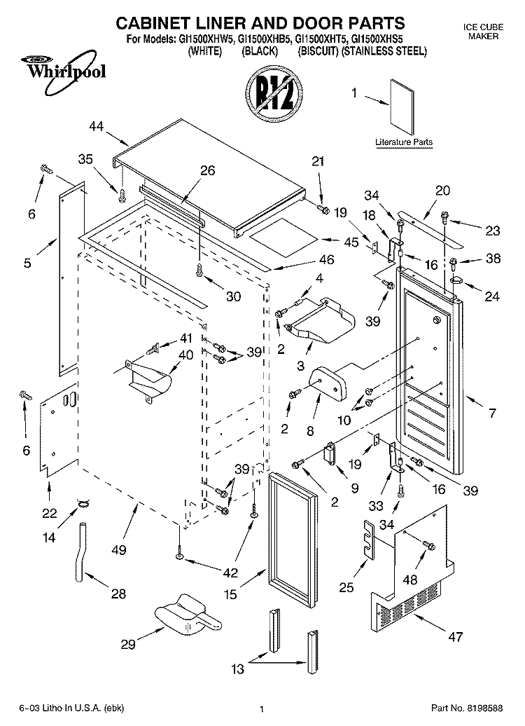 CABINET LINER AND DOOR PARTS Diagram and Parts List for GI1500XHB5  Whirlpool Ice Maker