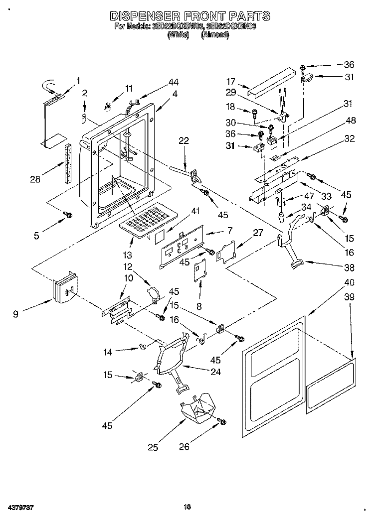 DISPENSER FRONT Diagram and Parts List for 3ED22DQXBW03  Whirlpool Refrigerator
