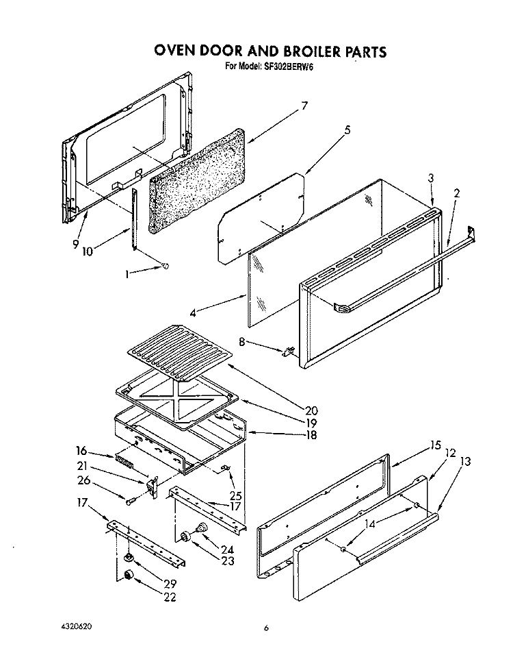 OVEN DOOR AND BROILER Diagram and Parts List for SF302BERW6  Whirlpool Range