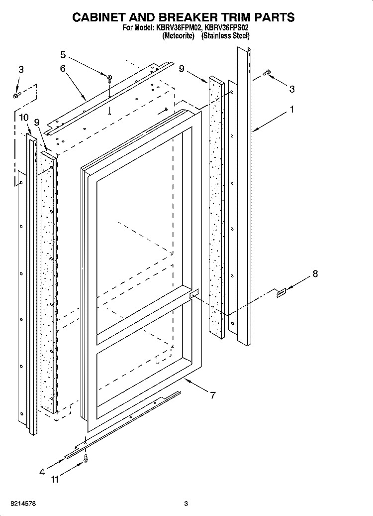 CABINET AND BREAKER TRIM PARTS Diagram and Parts List for KBRV36FPM02  KitchenAid Refrigerator