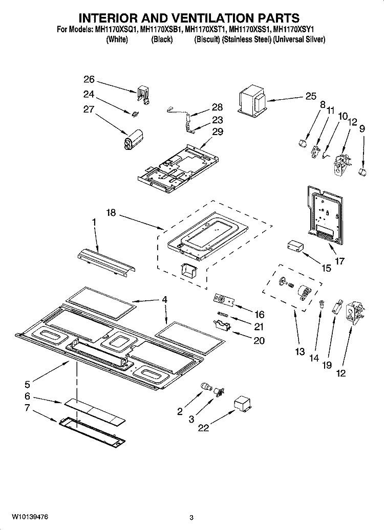 INTERIOR AND VENTILATION PARTS Diagram and Parts List for MH1170XSB1  Whirlpool Microwave