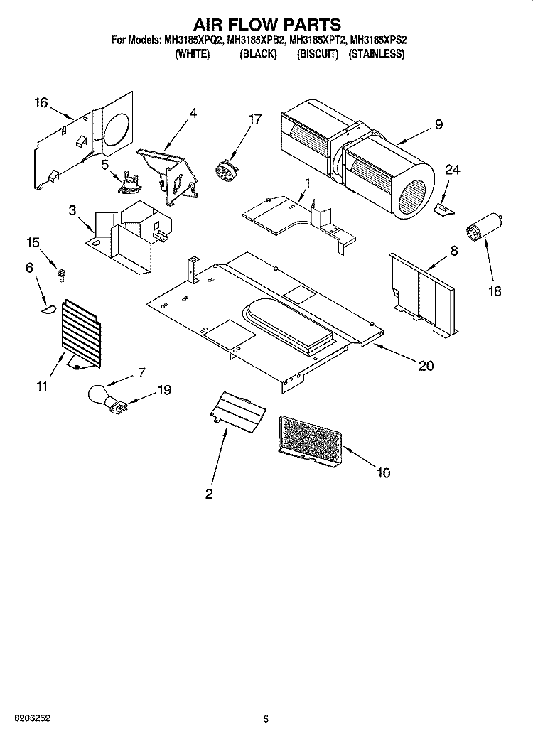 AIR FLOW PARTS Diagram and Parts List for MH3185XPT2  Whirlpool Microwave