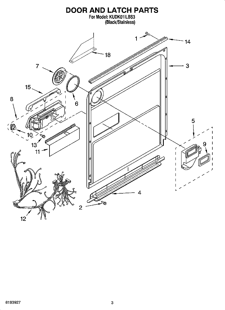 DOOR AND LATCH PARTS Diagram and Parts List for KUDK01ILBS3  KitchenAid Dishwasher