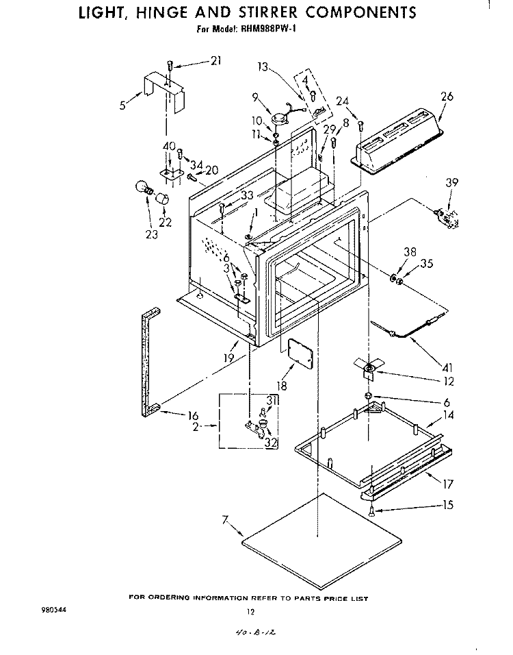 LIGHT, HINGE AND STIRRER Diagram and Parts List for RHM988PW1  Whirlpool Range