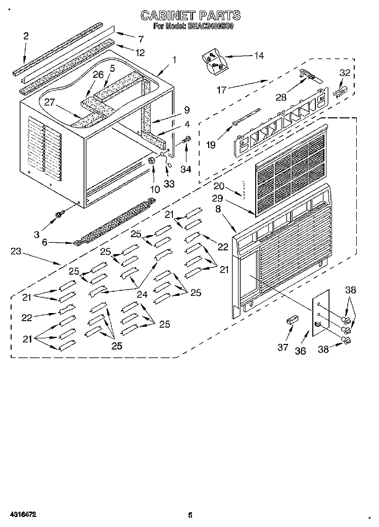 CABINET Diagram and Parts List for BHAC2400BS0  Whirlpool Air Conditioner