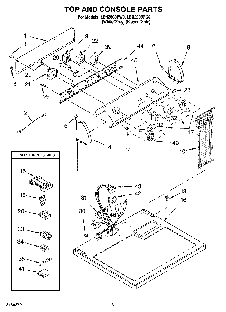 TOP AND CONSOLE PARTS Diagram and Parts List for LEN2000PW0  Whirlpool Dryer