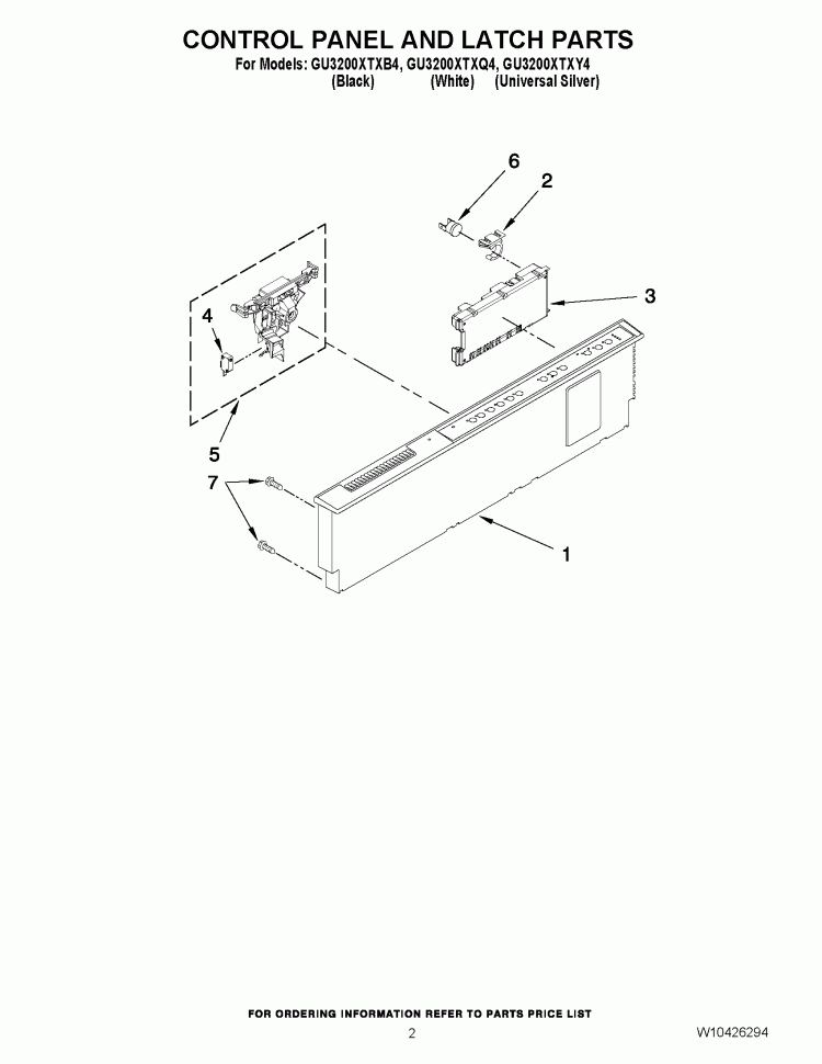 CONTROL PANEL AND LATCH PARTS Diagram and Parts List for GU3200XTXB3  Whirlpool Dishwasher