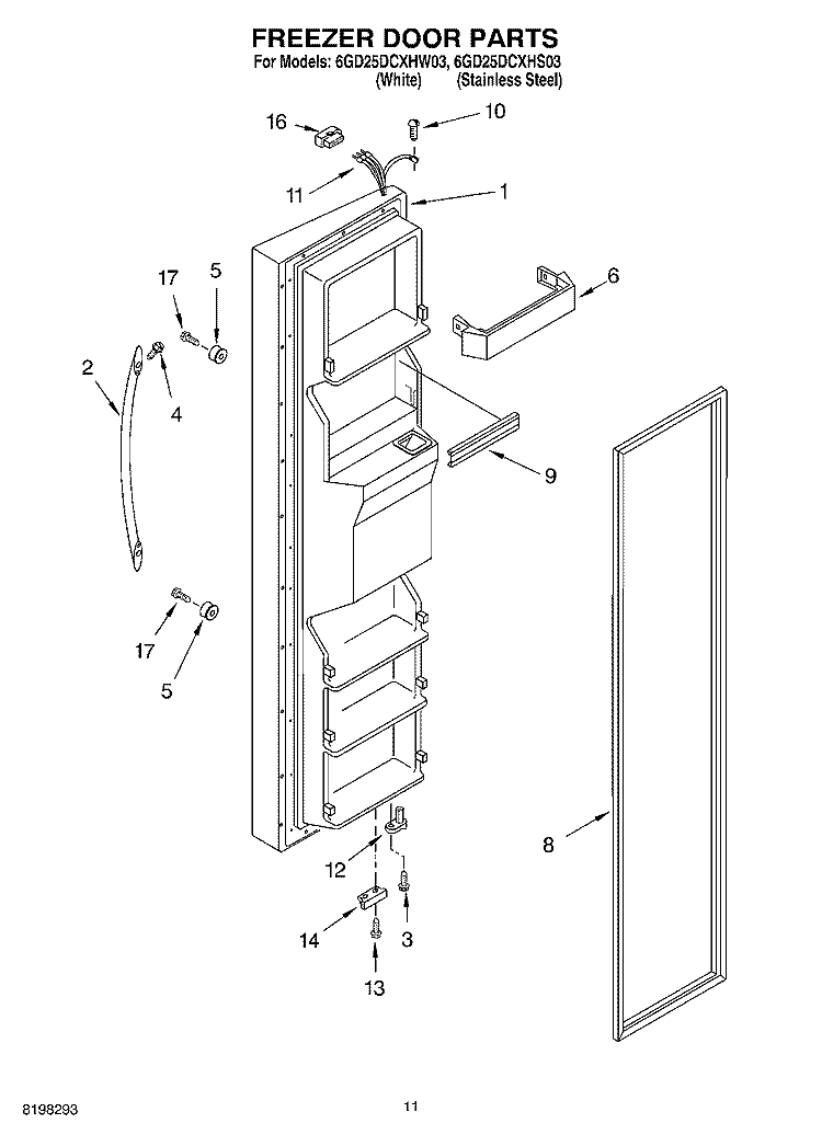 FREEZER DOOR Diagram and Parts List for 6GD25DCXHS03  Whirlpool Refrigerator