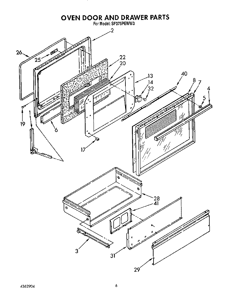 OVEN DOOR AND DRAWER Diagram and Parts List for SF375PEWN3  Whirlpool Range