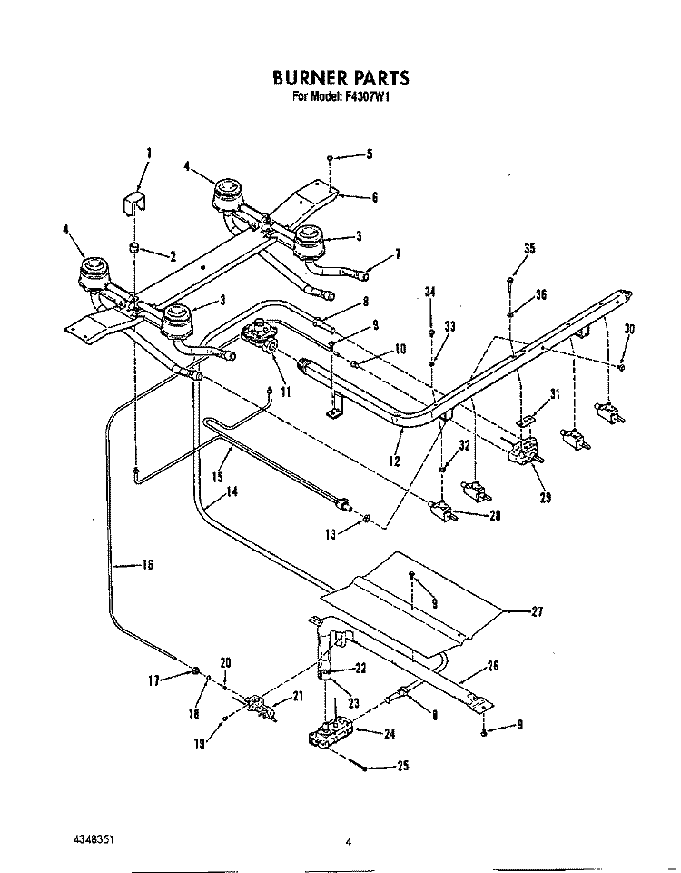 BURNER Diagram and Parts List for F4307W1  Roper Range