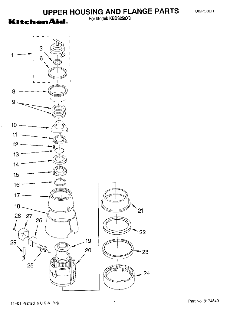 SECTION Diagram and Parts List for KBDS250X3  KitchenAid Food Waste Disposer