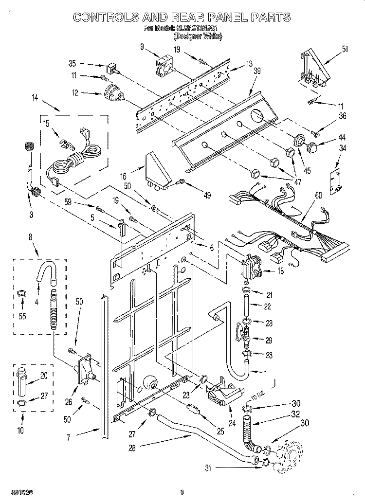 CONTROLS AND REAR PANEL Diagram and Parts List for 6LBR5132EQ1  Whirlpool Washer