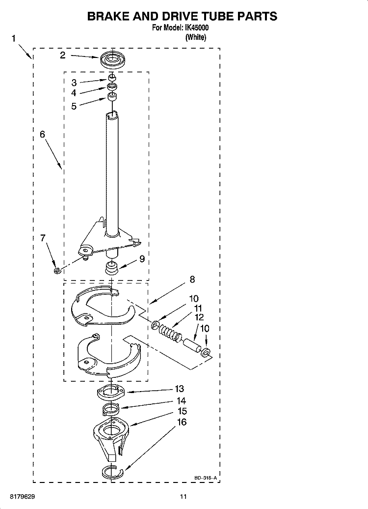 BRAKE AND DRIVE TUBE PARTS Diagram and Parts List for IK45000  Inglis Washer
