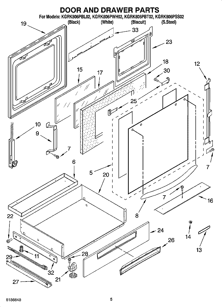 DOOR AND DRAWER PARTS Diagram and Parts List for KGRK806PBL02  KitchenAid Range