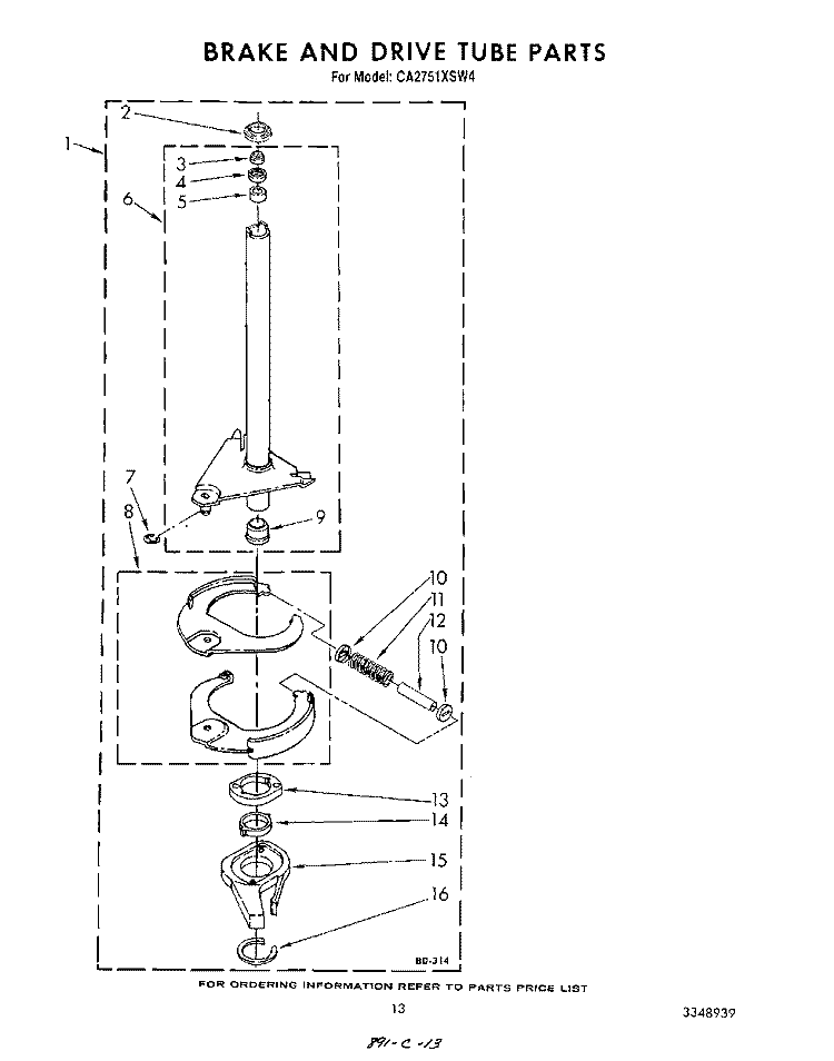 BRAKE AND DRIVE TUBE Diagram and Parts List for CA2751XSW4  Whirlpool Washer