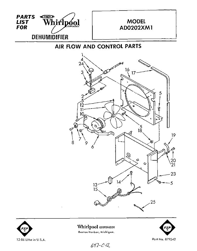 SECTION Diagram and Parts List for AD0202XM1  Whirlpool Dehumidifier