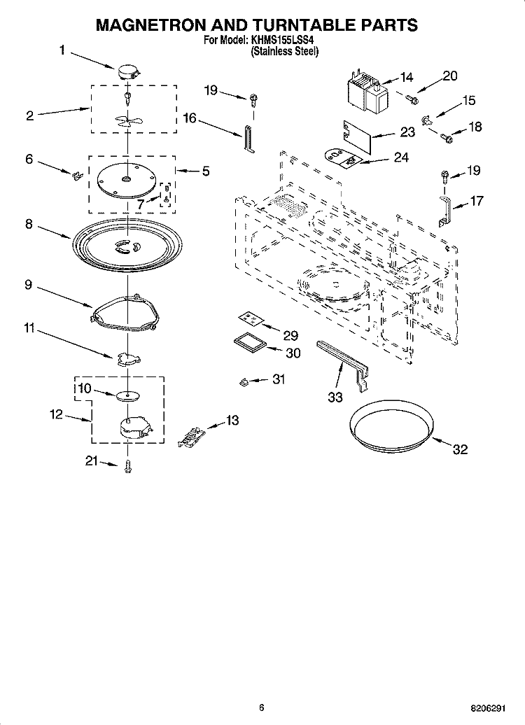 MAGNETRON AND TURNTABLE PARTS Diagram and Parts List for KHMS155LSS4  KitchenAid Microwave