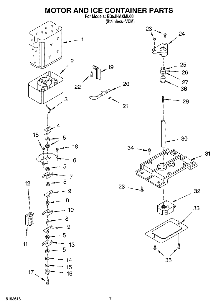 MOTOR AND ICE CONTAINER PARTS Diagram and Parts List for ED5JHAXML00  Whirlpool Refrigerator