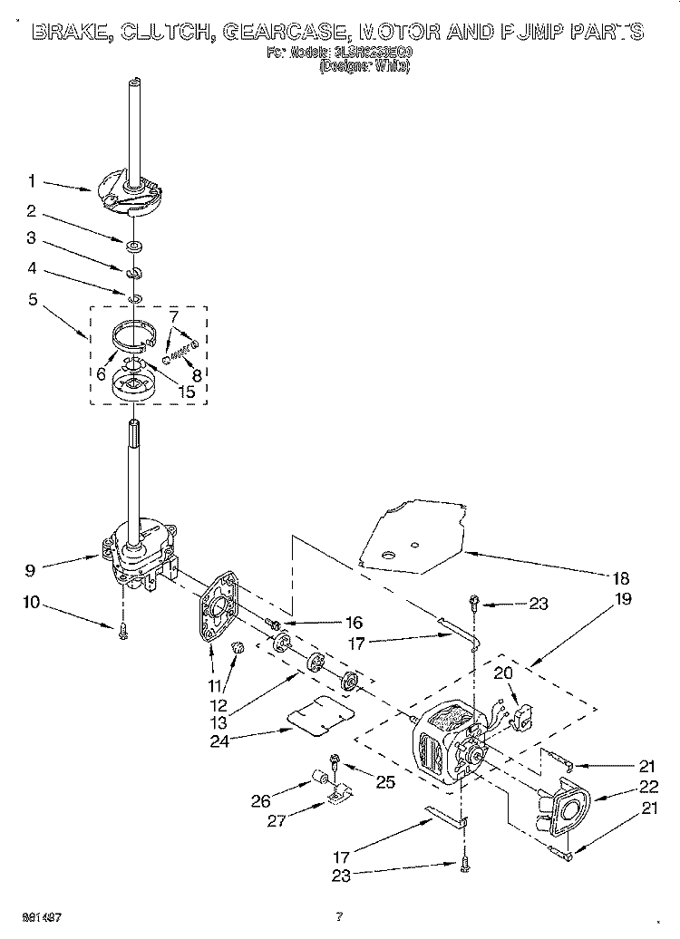 BRAKE, CLUTCH, GEARCASE, MOTOR AND PUMP Diagram and Parts List for 3LSR6233EQ0  Whirlpool Washer