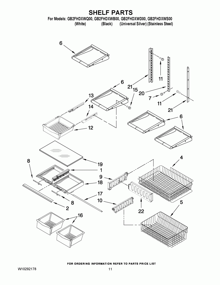 SHELF PARTS Diagram and Parts List for GB2FHDXWD00  Whirlpool Refrigerator