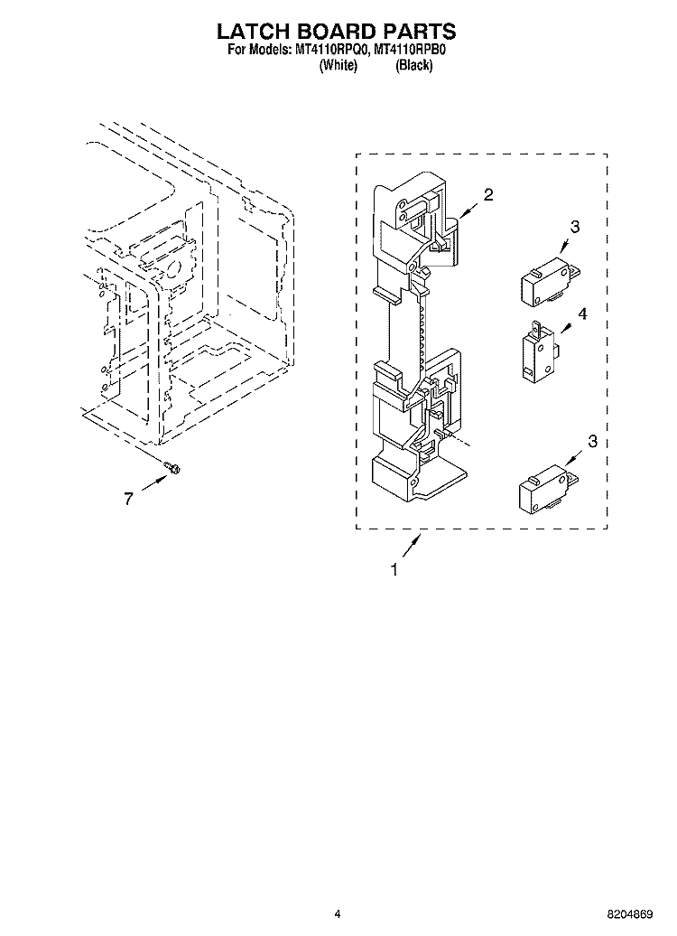 LATCH BOARD PARTS Diagram and Parts List for MT4110RPB0  Whirlpool Microwave