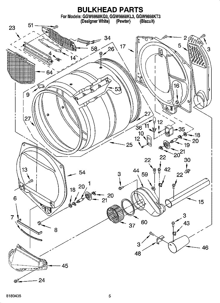 BULKHEAD PARTS Diagram and Parts List for GGW9868KL3  Whirlpool Dryer