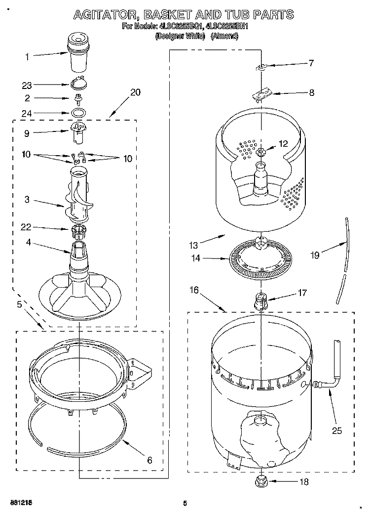 AGITATOR, BASKET AND TUB Diagram and Parts List for 4LSC8255BN1  Whirlpool Washer