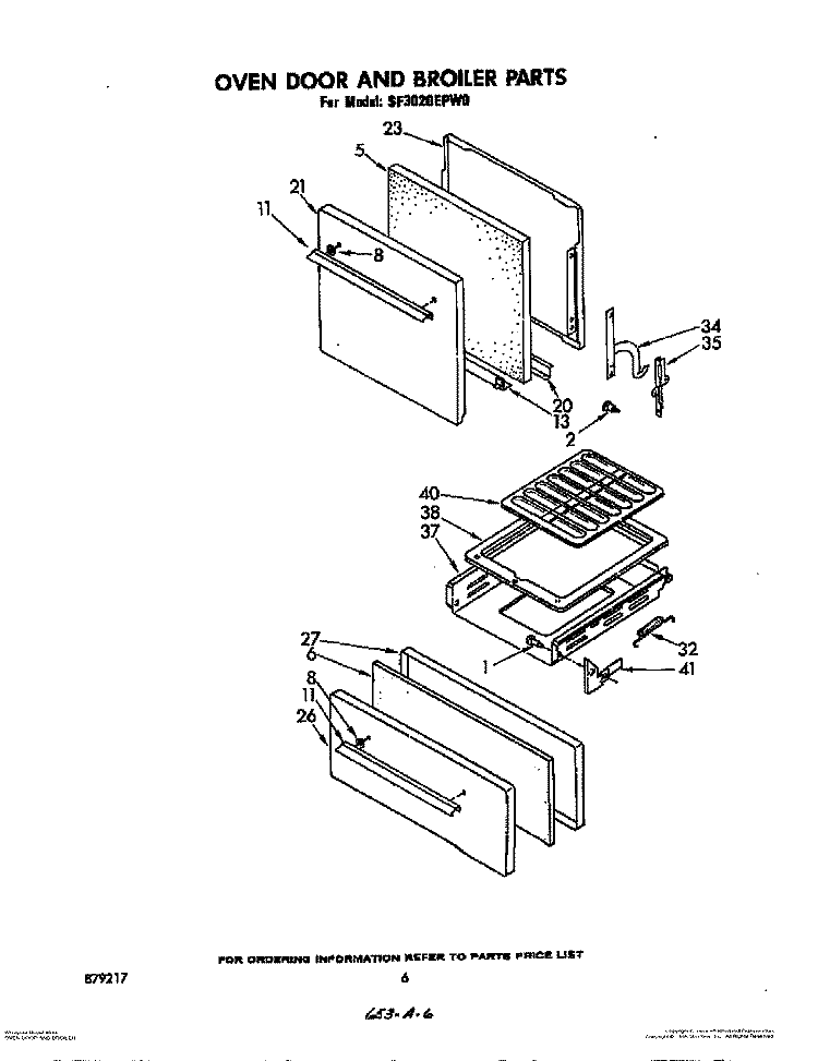 OVEN DOOR AND BROILER Diagram and Parts List for SF3020EPW0  Whirlpool Range