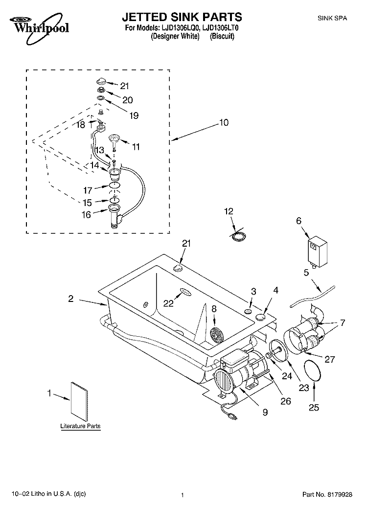 JETTED SINK PARTS Diagram and Parts List for LJD1306LT0  Whirlpool Laundry Accessories