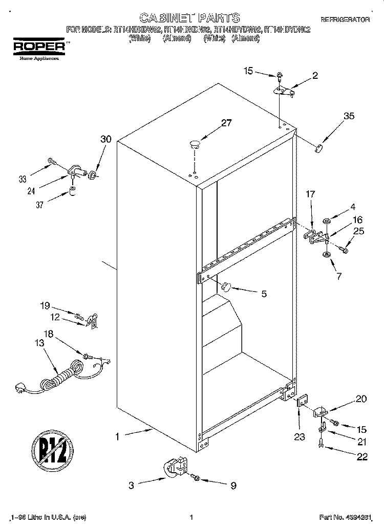 CABINET Diagram and Parts List for RT14HDXDN02  Roper Refrigerator