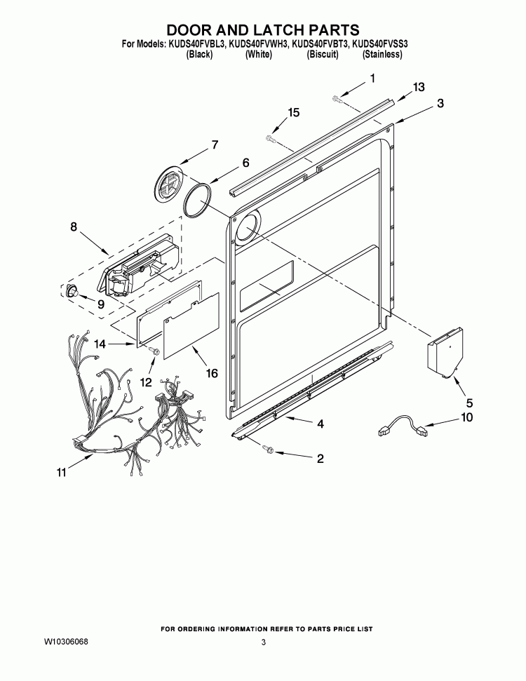 DOOR AND LATCH PARTS Diagram and Parts List for KUDS40FVSS3  KitchenAid Dishwasher