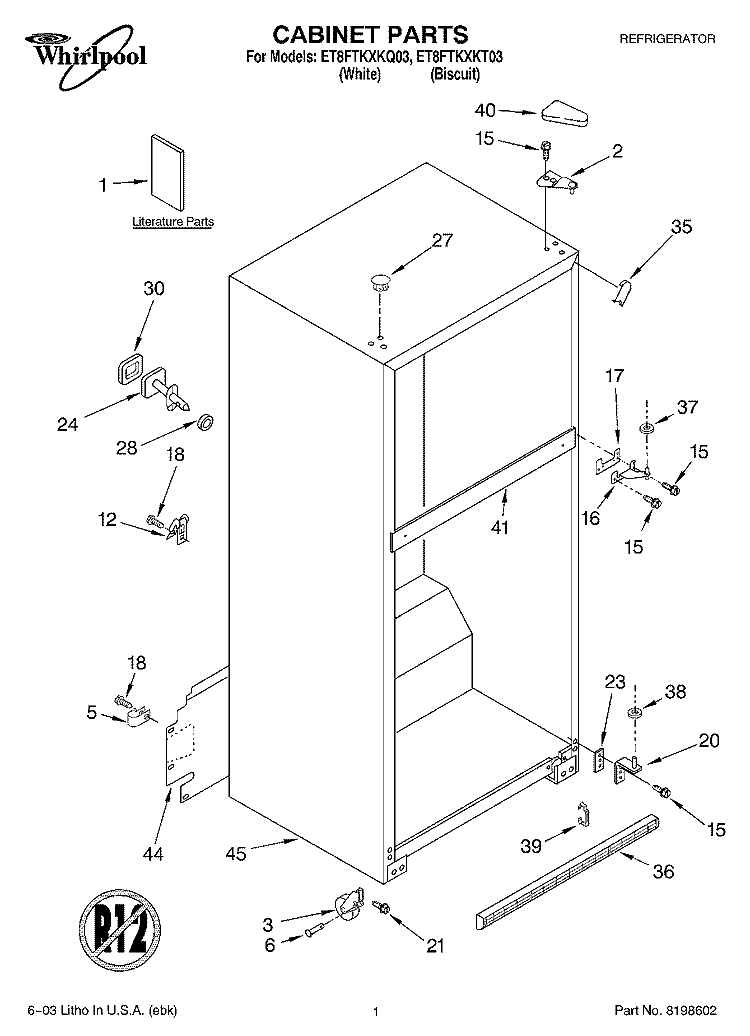 CABINET PARTS Diagram and Parts List for ET8FTKXKT03  Whirlpool Refrigerator