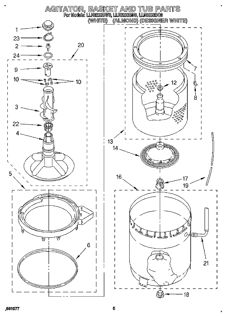 AGITATOR, BASKET AND TUB Diagram and Parts List for LLN8233BQ0  Whirlpool Washer