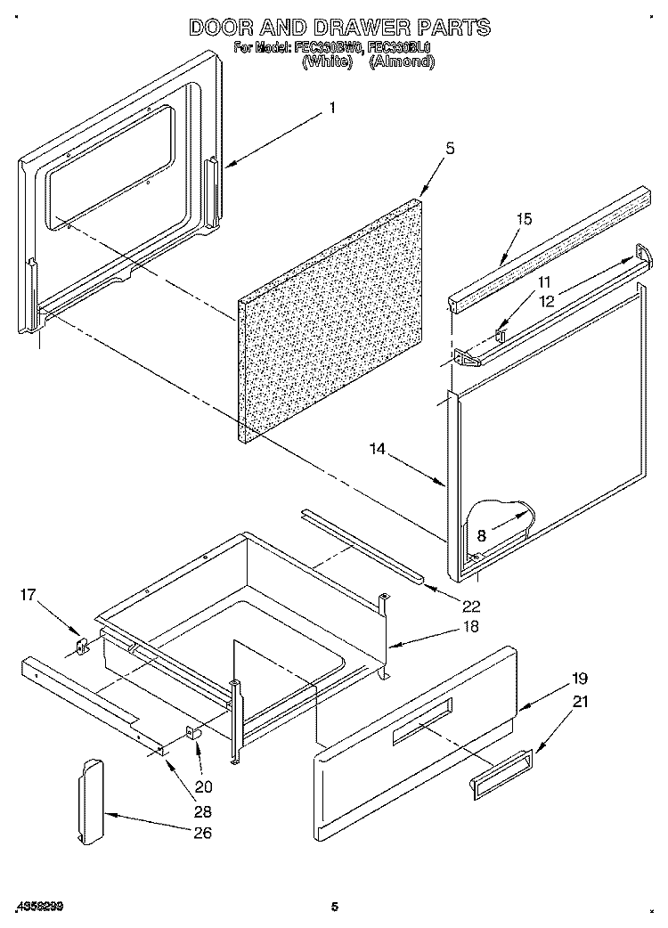 DOOR AND DRAWER Diagram and Parts List for FEC330BW0  Roper Range