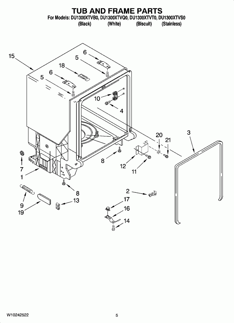 TUB AND FRAME PARTS Diagram and Parts List for DU1300XTVQ0  Whirlpool Dishwasher
