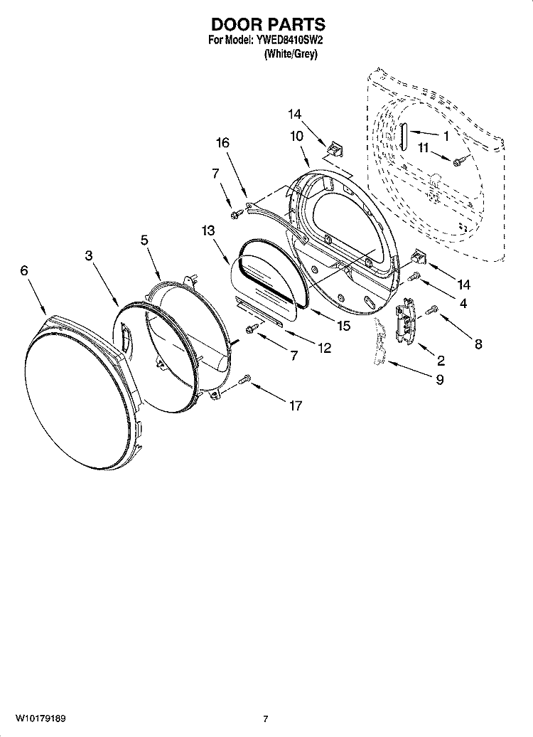 DOOR PARTS, OPTIONAL PARTS (NOT INCLUDED) Diagram and Parts List for YWED8410SW2  Whirlpool Dryer