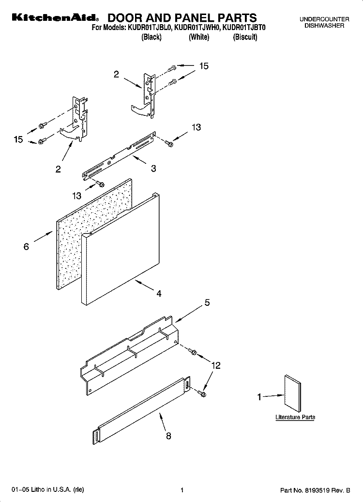 DOOR AND PANEL PARTS Diagram and Parts List for KUDR01TJBT0  KitchenAid Dishwasher