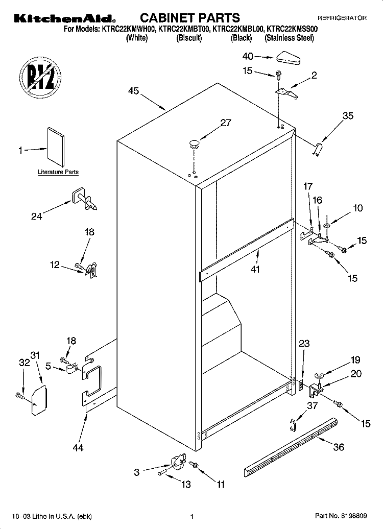 CABINET PARTS Diagram and Parts List for KTRC22KMSS00  KitchenAid Refrigerator