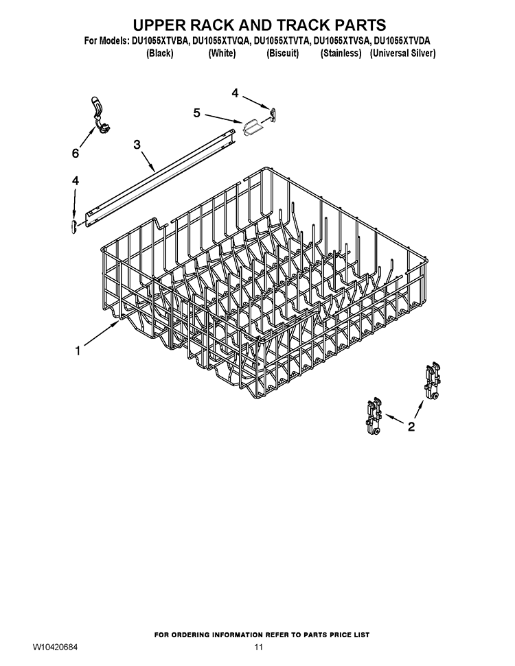 UPPER RACK AND TRACK PARTS Diagram and Parts List for DU1055XTVDA  Whirlpool Dishwasher