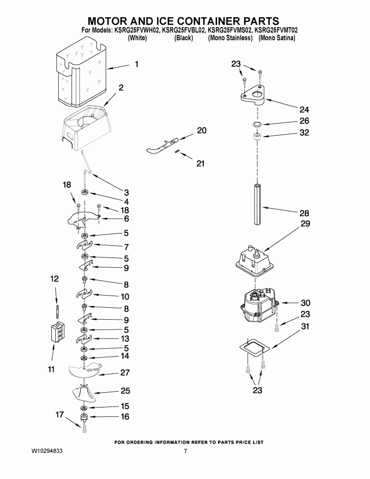 MOTOR AND ICE CONTAINER PARTS Diagram and Parts List for KSRG25FVMS02  KitchenAid Refrigerator