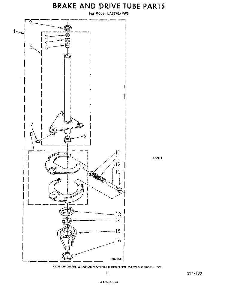 BRAKE AND DRIVE TUBE Diagram and Parts List for LA5570XPW5  Whirlpool Washer