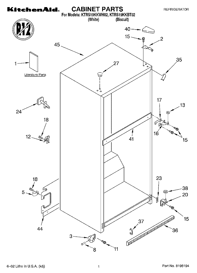 CABINET, LITERATURE Diagram and Parts List for KTRS19KKBT02  KitchenAid Refrigerator
