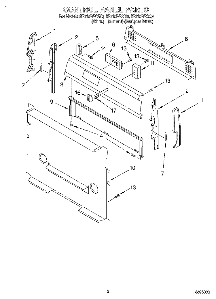 CONTROL PANEL Diagram and Parts List for SF310BEGW0  Whirlpool Range